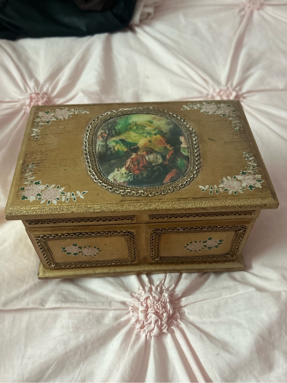 Vintage Decorative Jewelry Box with Painted Scene - Gold & Pink